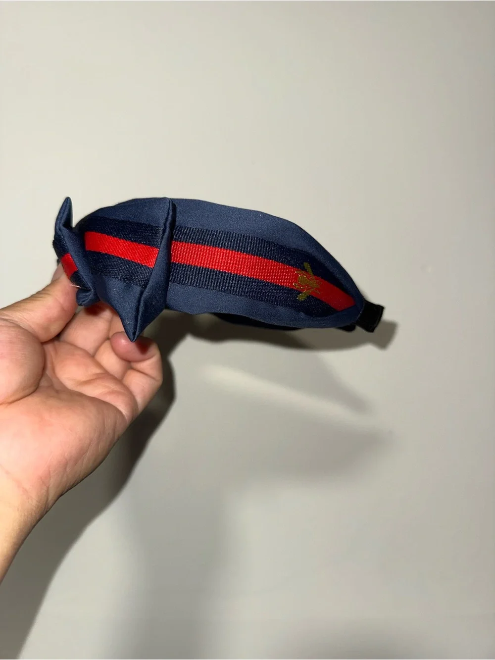 Navy Knotted Silk-Style Headband with Red & Yellow Accents